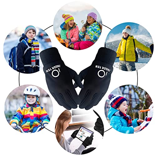 FINGER TEN Kids Winter Gloves Waterproof with Neck Warmer Boys Girls Touchscreen for Cold Weather Outdoor Sports (Black, Small)