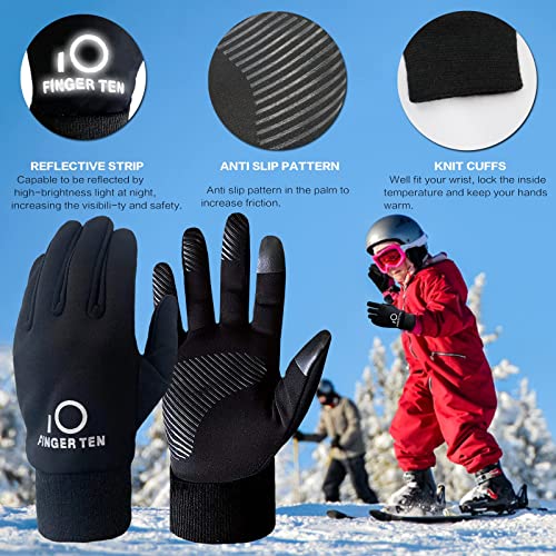 FINGER TEN Kids Winter Gloves Waterproof with Neck Warmer Boys Girls Touchscreen for Cold Weather Outdoor Sports (Black, Small)