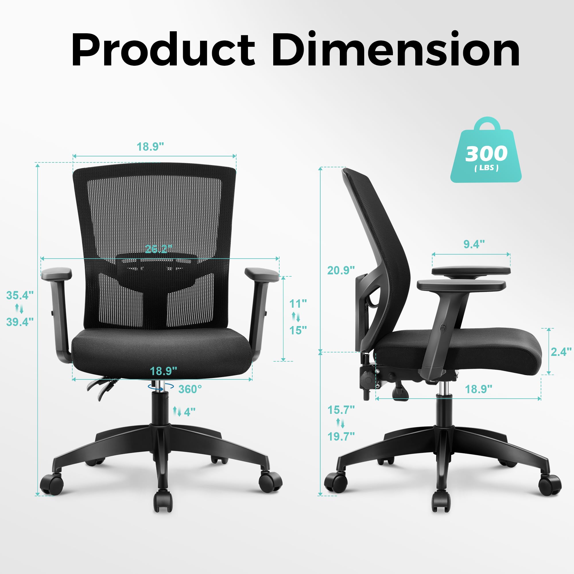 ALPHA HOME Office Chair Ergonomic Home Desk Chair Mid Back Mesh Computer Chair with Lumbar Support Executive Stool with Adjustable Armrest & Seat Cushion Rolling Swivel Desk Chair,Black