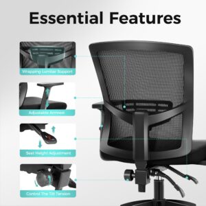 ALPHA HOME Office Chair Ergonomic Home Desk Chair Mid Back Mesh Computer Chair with Lumbar Support Executive Stool with Adjustable Armrest & Seat Cushion Rolling Swivel Desk Chair,Black