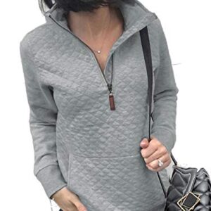 LANREMON Women Long Sleeve Sweatshirt Fashion Quilted Pattern Plain Zipper Pullover Sweatshirts Tops with Pockets Light Gray