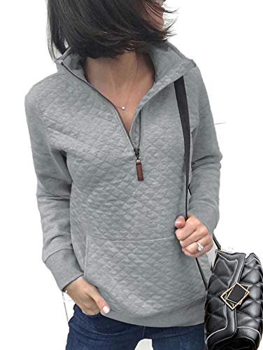 LANREMON Women Long Sleeve Sweatshirt Fashion Quilted Pattern Plain Zipper Pullover Sweatshirts Tops with Pockets Light Gray