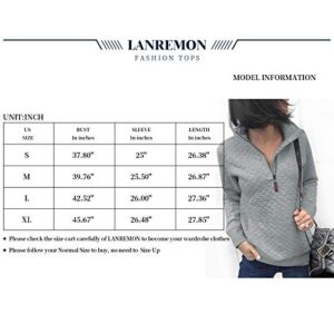 LANREMON Women Long Sleeve Sweatshirt Fashion Quilted Pattern Plain Zipper Pullover Sweatshirts Tops with Pockets Light Gray