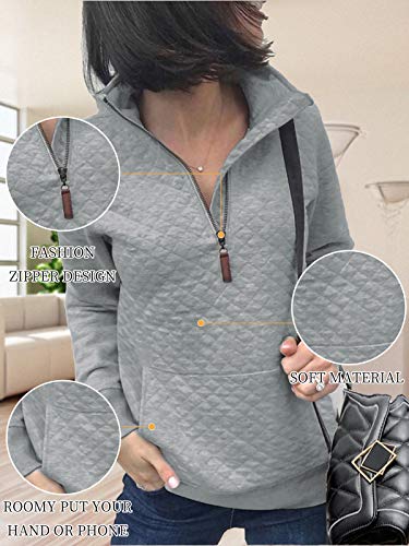 LANREMON Women Long Sleeve Sweatshirt Fashion Quilted Pattern Plain Zipper Pullover Sweatshirts Tops with Pockets Light Gray