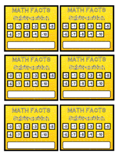 math punch cards - subtraction facts