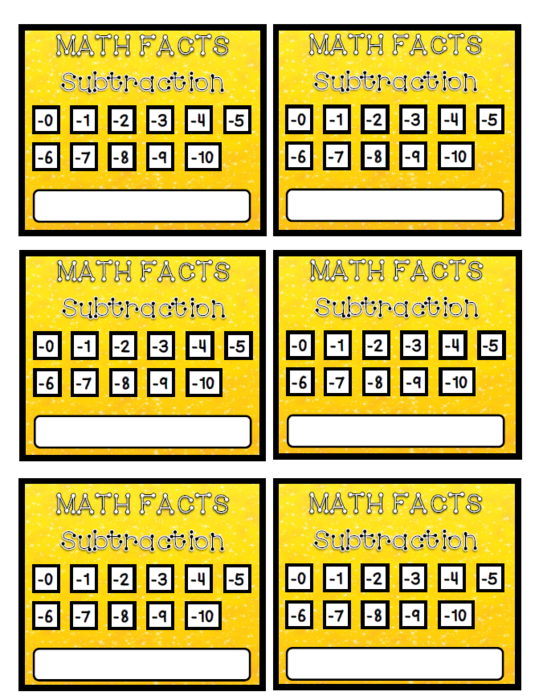 Math Punch Cards - Subtraction Facts