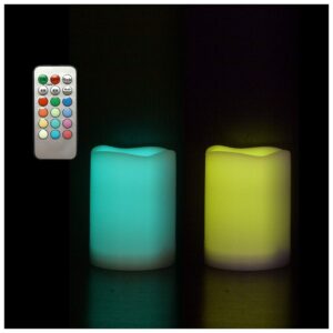 color changing outdoor flameless pillar candles remote waterproof battery operated electric led candle set for gift home party wedding supplies garden halloween christmas decoration, 2 pack, 3” x 4”