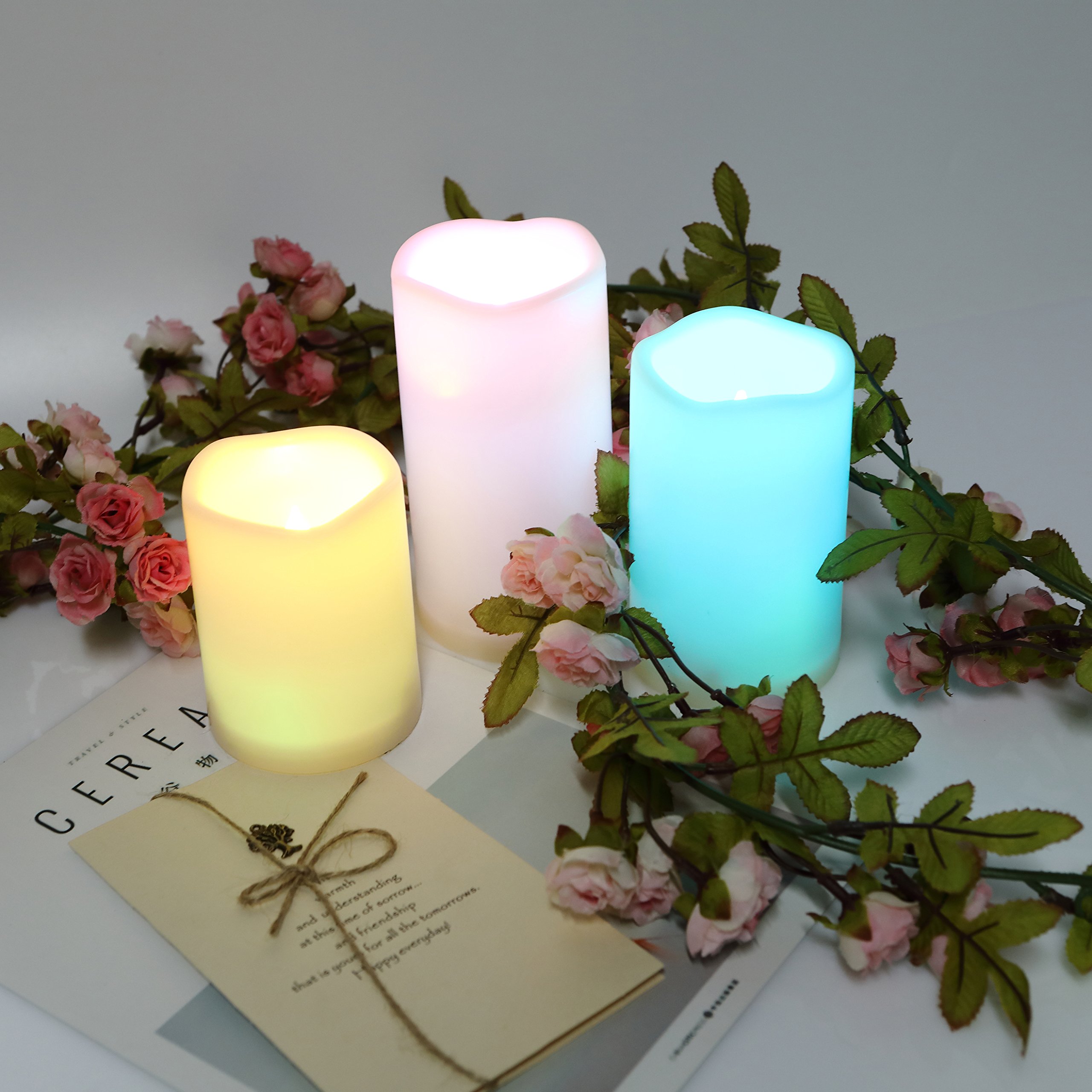 Color Changing Outdoor Flameless Pillar Candles Remote Waterproof Battery Operated Electric LED Candle Set for Gift Home Party Wedding Supplies Garden Halloween Christmas Decoration, 2 Pack, 3” x 4”