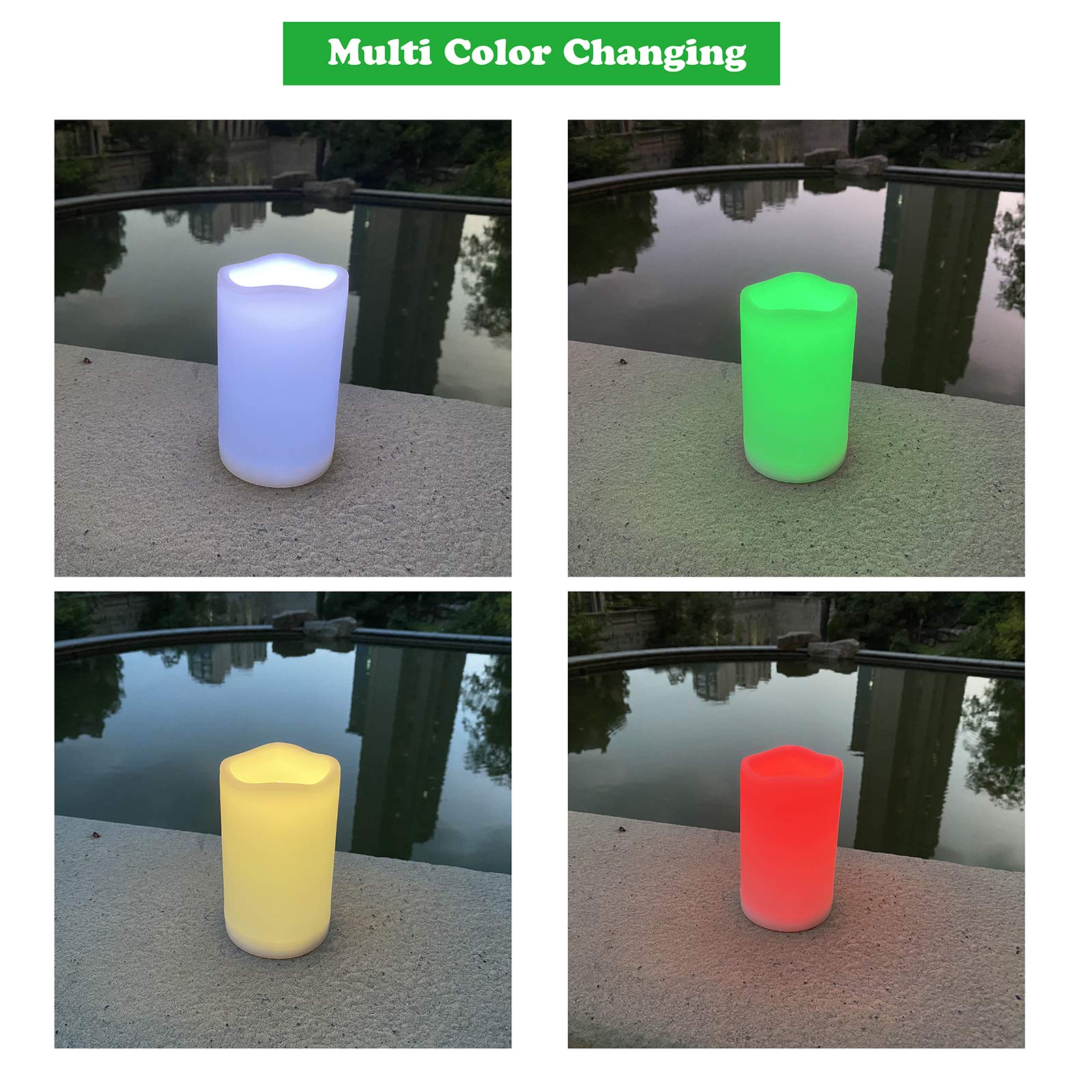 Color Changing Outdoor Flameless Pillar Candles Remote Waterproof Battery Operated Electric LED Candle Set for Gift Home Party Wedding Supplies Garden Halloween Christmas Decoration, 2 Pack, 3” x 4”