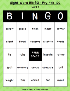 sight word bingo - fry 9th 100