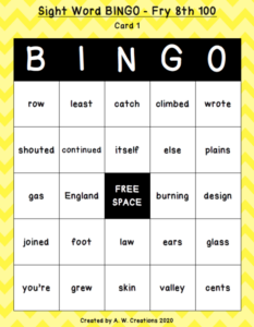 sight word bingo - fry 8th 100
