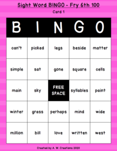 sight word bingo - fry 6th 100