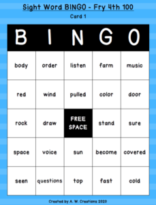 sight word bingo - fry 4th 100