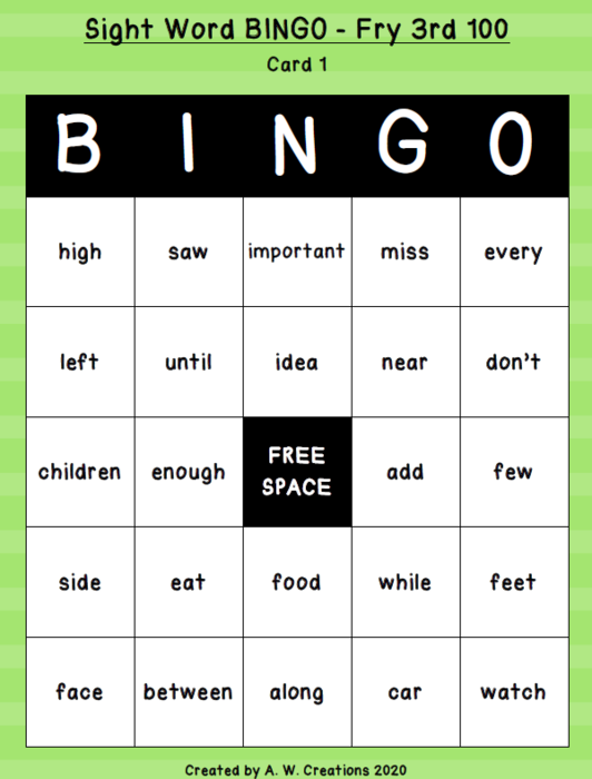 Sight Word Bingo - Fry 3rd 100