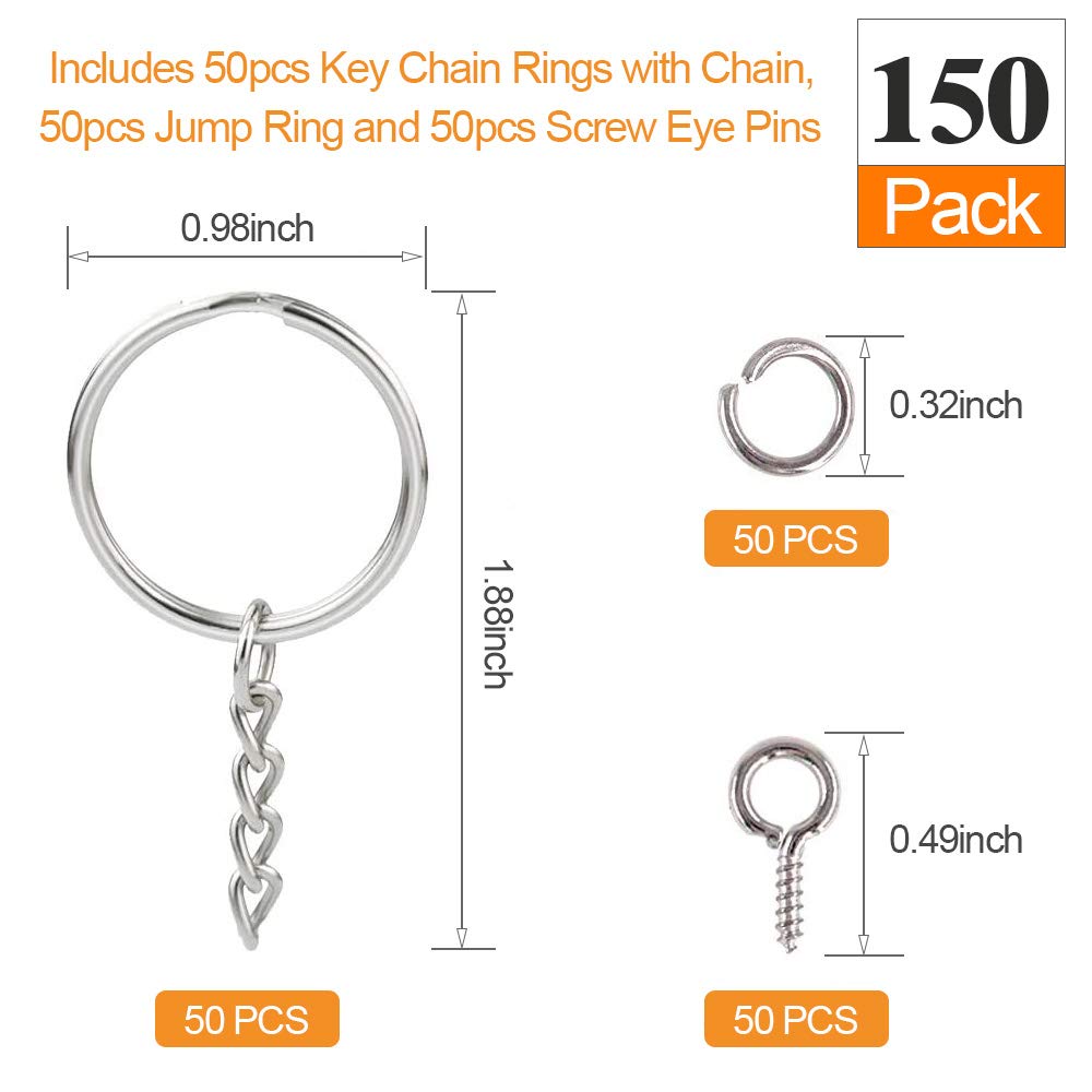 150PCS Key Chain Rings Kit, 1inch Key Chain Rings, Includes 50pcs Key Chain Rings with Chain, 50pcs Jump Ring and 50pcs Screw Eye Pins, for Crafts and Jewelry Making Key Chain Making Hardware Supplies