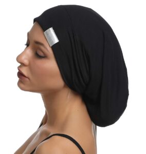 saymre satin lined bonnet silky hair wrap large sleep cap - adjustable beanie slouchy hats bonnets for women curly long hair (x-large, pure black)