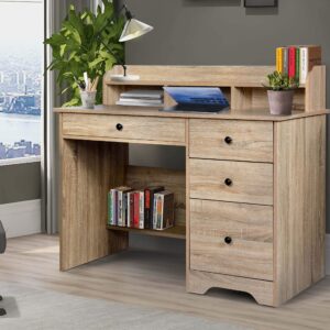enstver computer desk with hutch and drawers,work station,student writing study table for home office or den (light oak)
