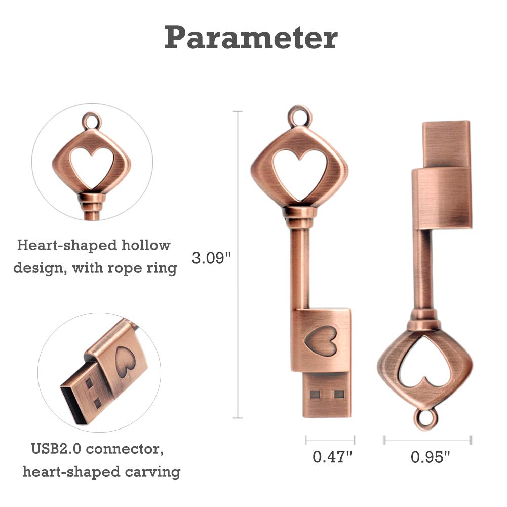 Cute USB Flash Drive Key 64GB, Wiedeus Classic Retro Metal Memory Stick Heart-Shaped Thumb Drives