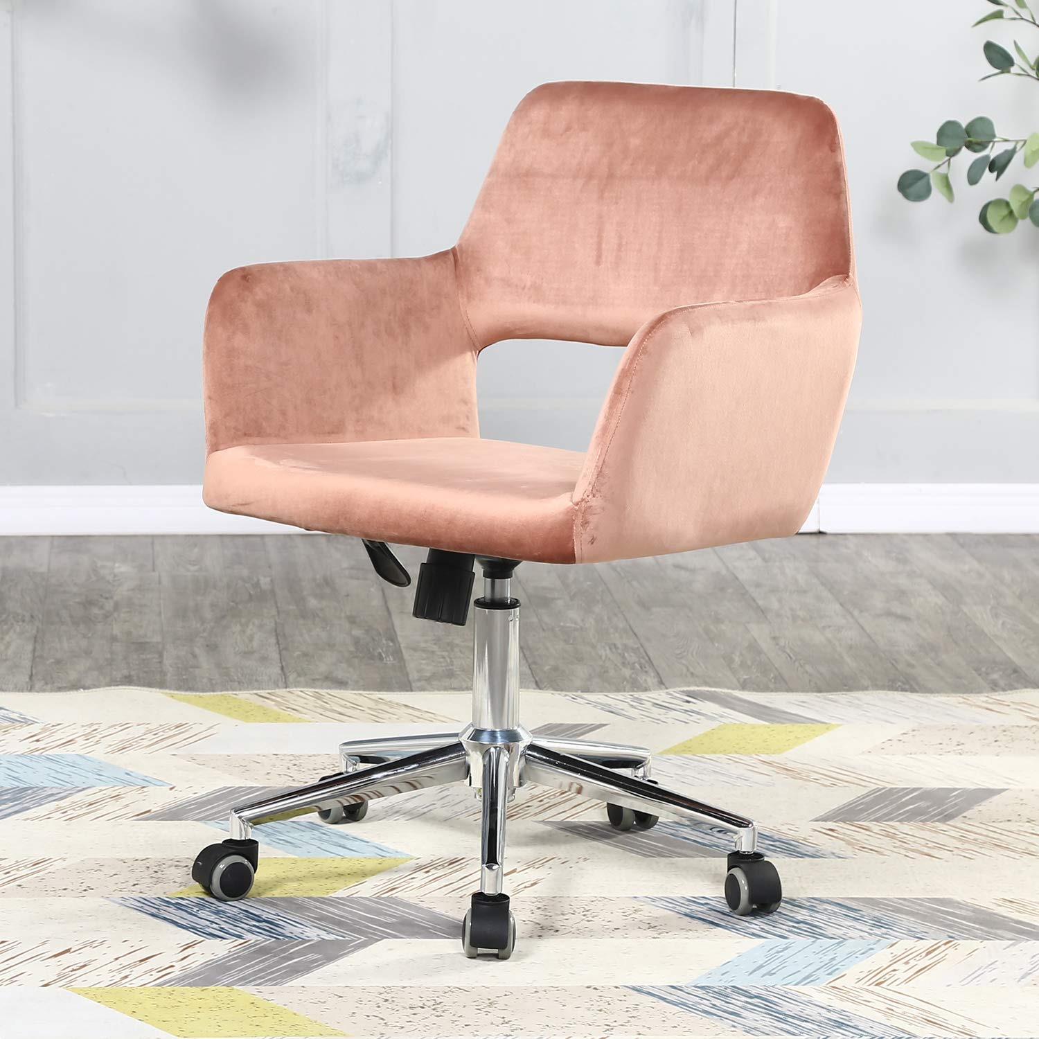 Velvet Fabric Home Office Chair with Open Back Upholstered Swivel Desk Chair with Arms and Adjustable Height for Small Spaces Home Office Living Room Bedroom Pink