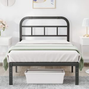 comasach twin bed frame with headboard, 14 inch high 3500lbs heavy duty steel slats support metal bed frames no box spring needed,noise-free,easy assembly-black