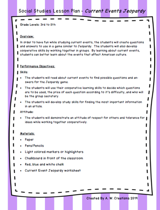 Social Studies Lesson Plan - Current Events Jeopardy