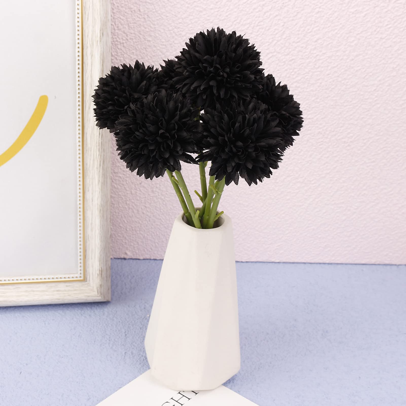 Serra Flora Artificial Flowers Fake 7cm Chrysanthemum Ball Bouquet Flowers Silk Plastic Artificial Hydrangea 6 Heads Bridal Wedding Bouquet for Home Garden Party Wedding Decoration (Black)¡­