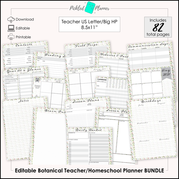 Editable Botanical Teacher/Homeschool Planner BUNDLE