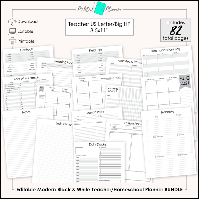 Editable Modern Black & White Teacher/Homeschool Planner BUNDLE