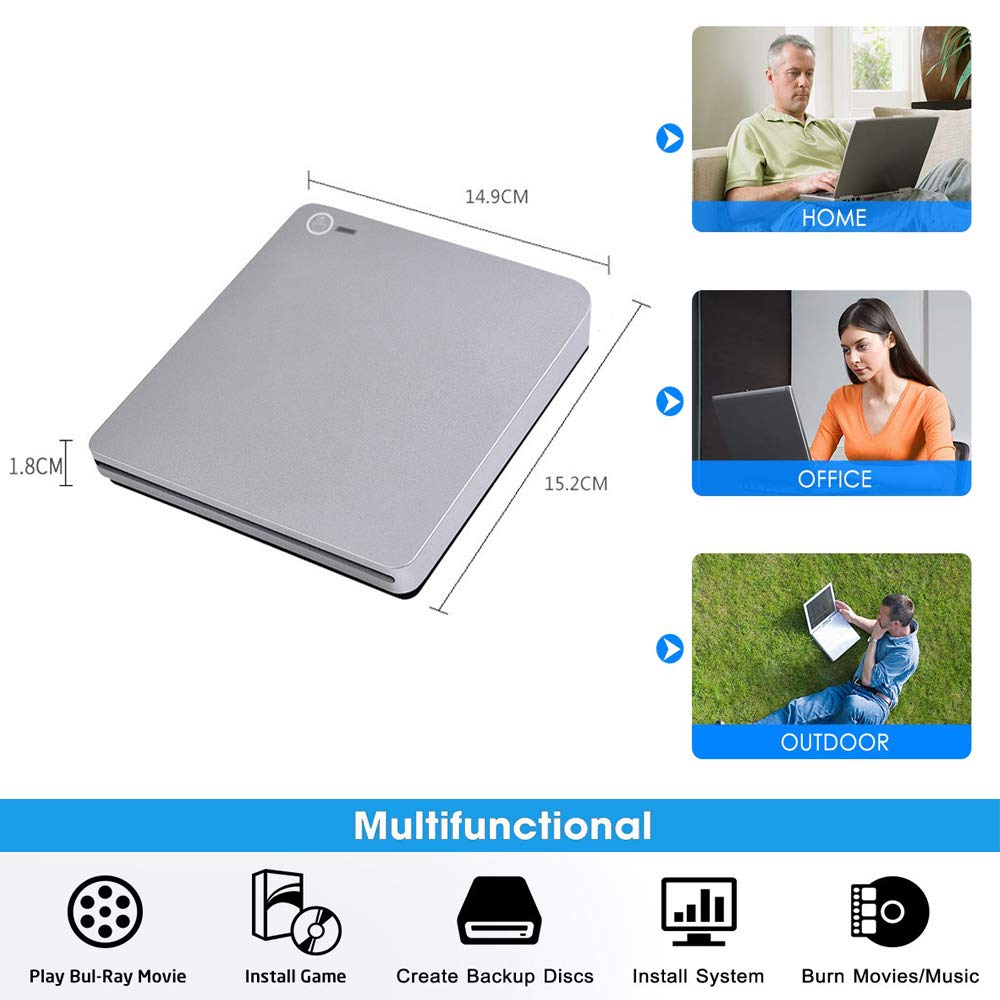 External 3D Blu Ray DVD Drive, USB 3.0 and Type-C Blu Ray CD DVD Drive Player Ultra Slim Slot-in CD DVD Burner with Smart Touch Compatible with Windows XP/7/8/10, Mac OS for MacBook, Laptop, PC