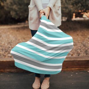 Baby Nursing Cover for Breastfeeding, White Grey and Aqua Stripes Breathable Stretchy Nursing Scarf Carseat Canopy for Boys or Girls Stroller Car Seat Covers Modern Striped