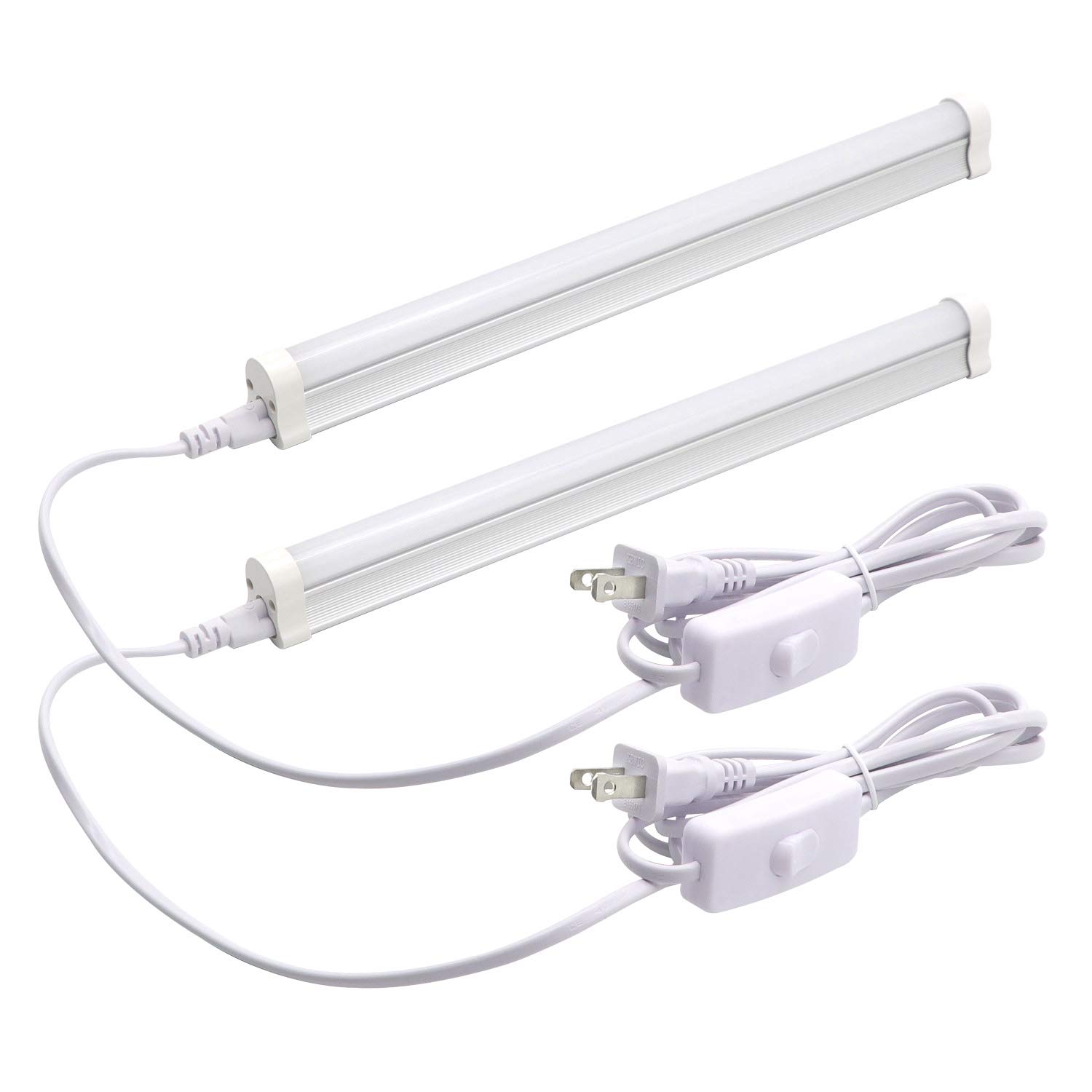 T5 LED Light Fixture 1ft 580lm 5W Frosted Cover, Under Cabinet Lighting, 6500k Cool White, Workbench and Utility Shop Lights, Corded Electric with Built-in ON/Off Switch (Pack of 2)