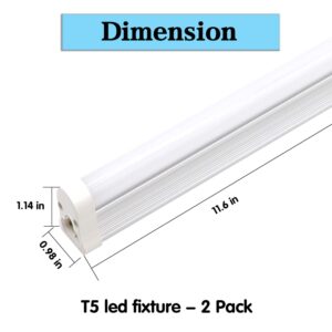 T5 LED Light Fixture 1ft 580lm 5W Frosted Cover, Under Cabinet Lighting, 6500k Cool White, Workbench and Utility Shop Lights, Corded Electric with Built-in ON/Off Switch (Pack of 2)