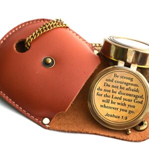 Be Strong and Courageous (Joshua 1:9) Brass Compass with wooden Box-Engraved Scripture Prayer Compass Religious Gift for Men & Women - Baptism, Confirmation, Communion Compass for Boys Graduation Gift