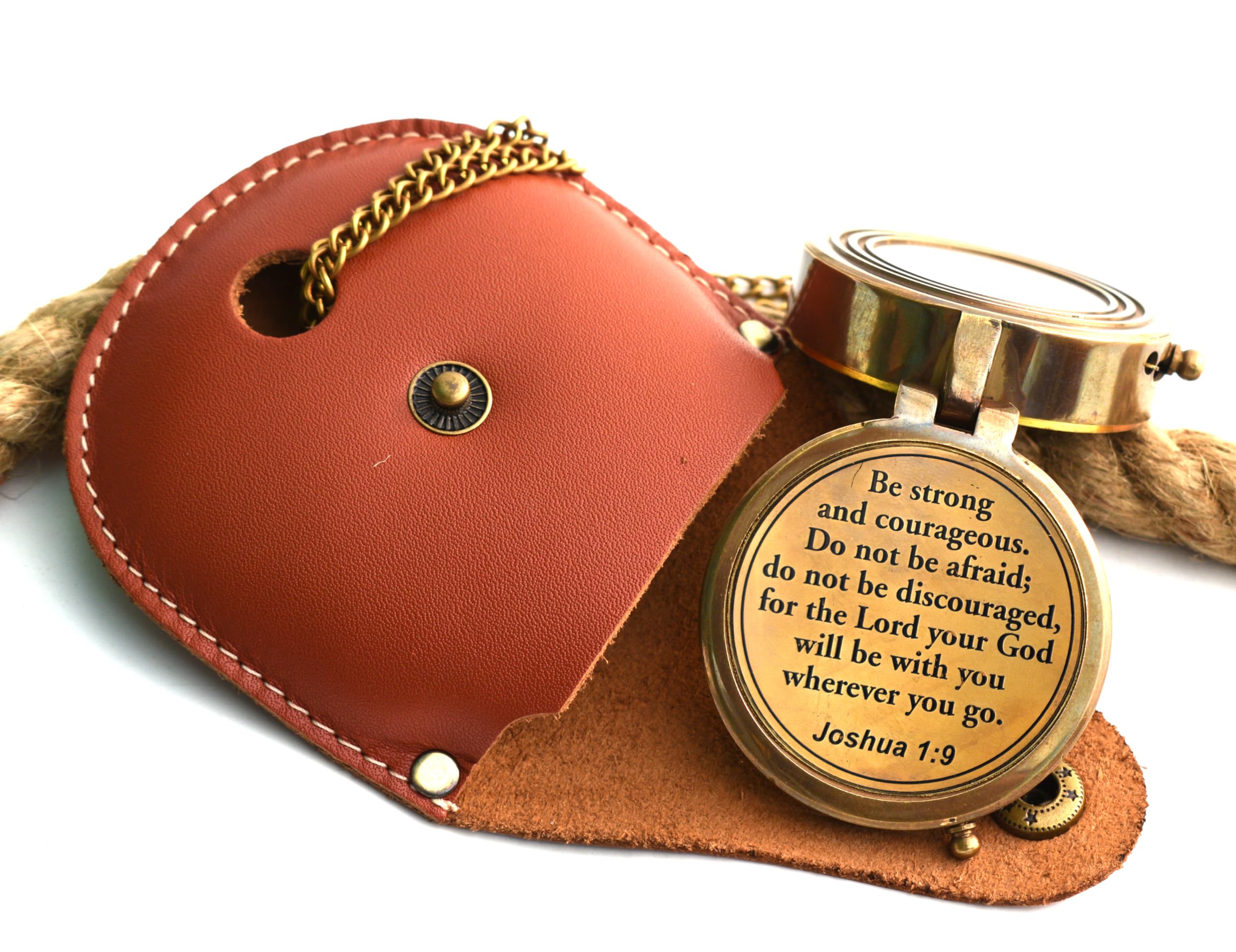 Be Strong and Courageous (Joshua 1:9) Brass Compass with wooden Box-Engraved Scripture Prayer Compass Religious Gift for Men & Women - Baptism, Confirmation, Communion Compass for Boys Graduation Gift