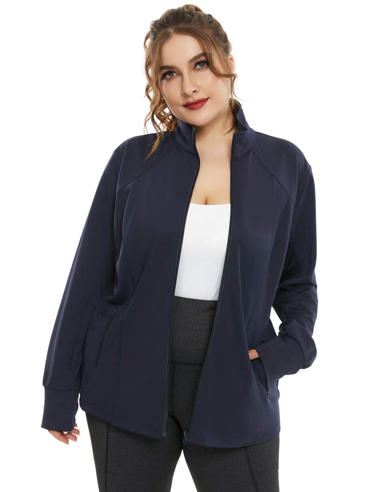 Hanna Nikole Womens Plus Size Active Full Zip Long Sleeve Jacket with Front Pockets Navy 24W