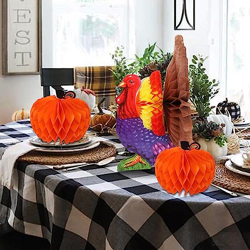 yosager 3 Pack Thanksgiving Table Decorations Tissue Turkey and Pumpkin, Honeycomb Decor Thanksgiving Centerpiece Party Accessory Table Supplies