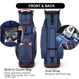 Golf Cart Bag with 14 Way Organizer Divider Top, Lightweight Golf Bags for Man Woman with Cooler Pouch, Backpack Strap (Blue/Red)