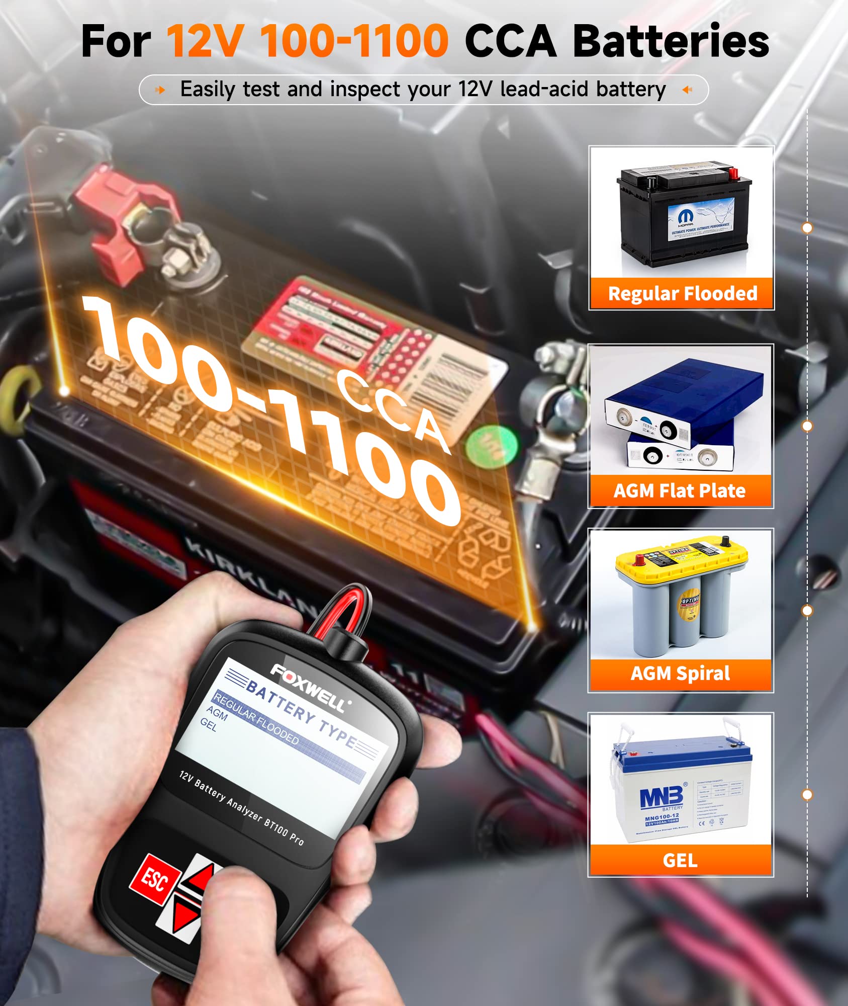 FOXWELL Car Battery Tester Analyzer BT100 Pro 12V Automotive 100-1100CCA Detect Health Faults for Regular Flooded Agm Flat Plate Spiral Gel Batteries