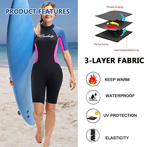 CtriLady Wetsuit Shorty Wetsuit for Women 1.5mm Neoprene Short Sleeve Diving Suits with Back Zipper UV Protection Full Body Swimwear for Swimming Diving Surfing Kayaking Snorkeling (Black, XX-Large)