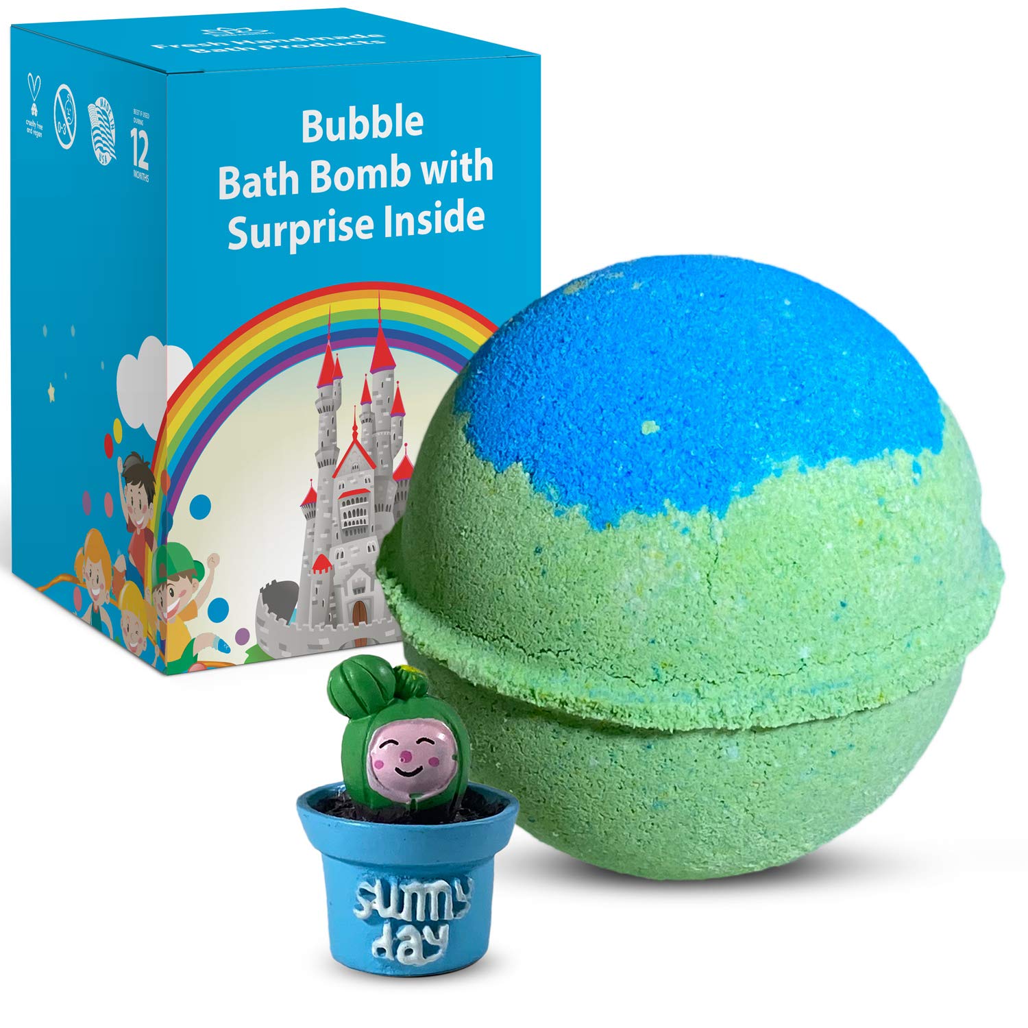 1 Natural Bath Bomb with Surprise Mini Toy Cactus Inside for Kids - Safe for Kids "Island Nectar" Bath Bomb - Comes in Cute Giftable Box - Handmade in USA - 5 oz