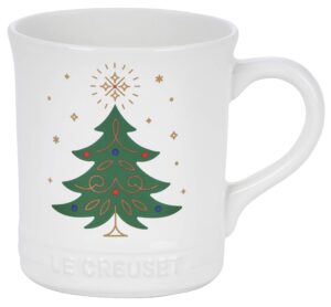 le creuset stoneware noel collection: tree mug, 14 oz., white w/applique