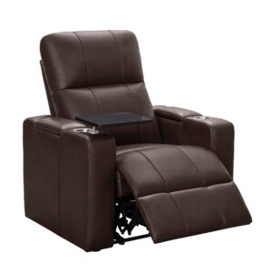 abbyson living rider powered reclining theater chair - built in usb/power outlet, cup holders, tray/side table, faux leather home theater chair, brown