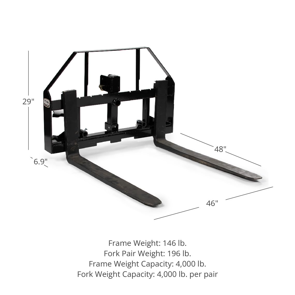 Titan Attachments Pallet Fork Frame Attachment with 48" Fork Blades, Fits Cat I & II Tractors, Rated 4,000 LB