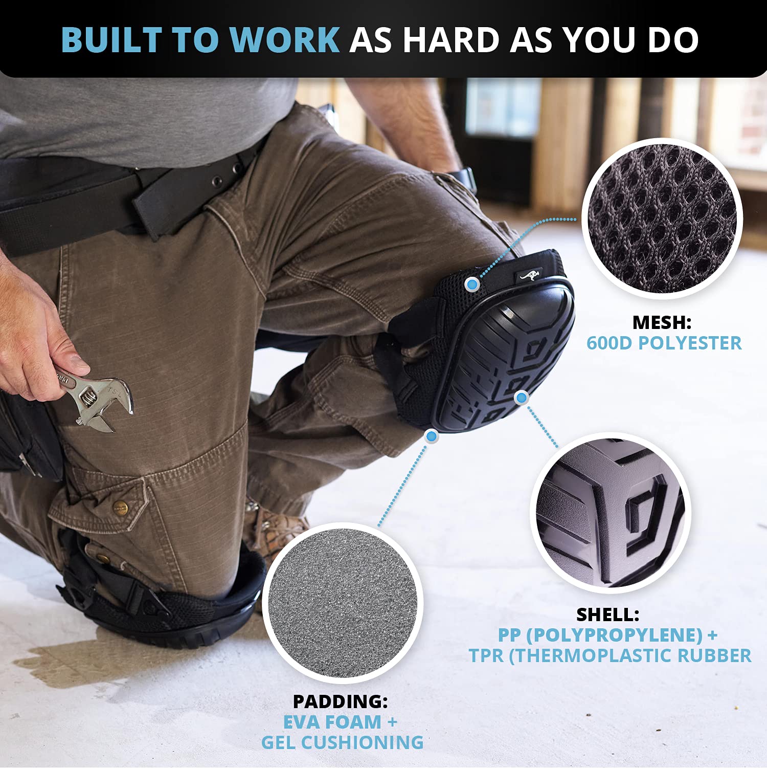 Work Knee Pads for Men and Women - Non-Slip Construction Knee Pads with Protective Foam Padding, Comfy Gel Cushion, and Adjustable Clip-on Straps - Multi-Use for Gardening, Cleaning, Flooring and More