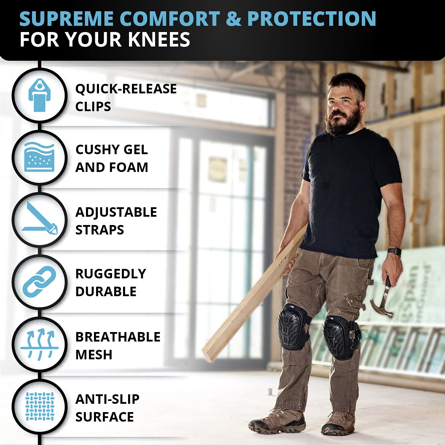 Work Knee Pads for Men and Women - Non-Slip Construction Knee Pads with Protective Foam Padding, Comfy Gel Cushion, and Adjustable Clip-on Straps - Multi-Use for Gardening, Cleaning, Flooring and More