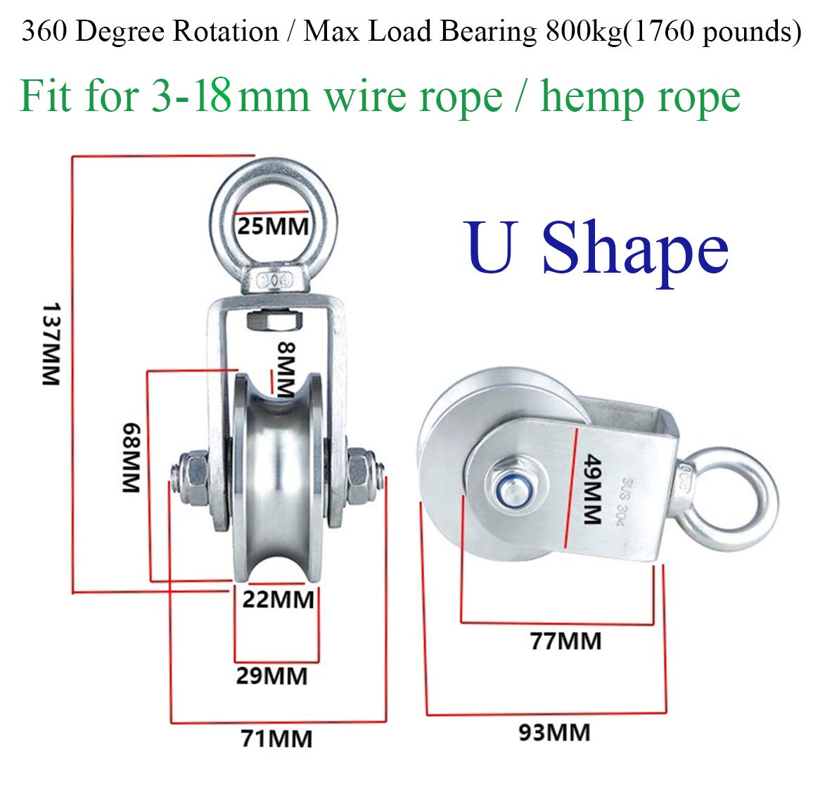 Pulley Wheel Heavy Duty Single Wheel Swivel Pulley Block Duplex Bearing 304 Stainless Steel 360 Degree Rotation Smooth Loading 800 Kg for Material Handling and Moving Lifting