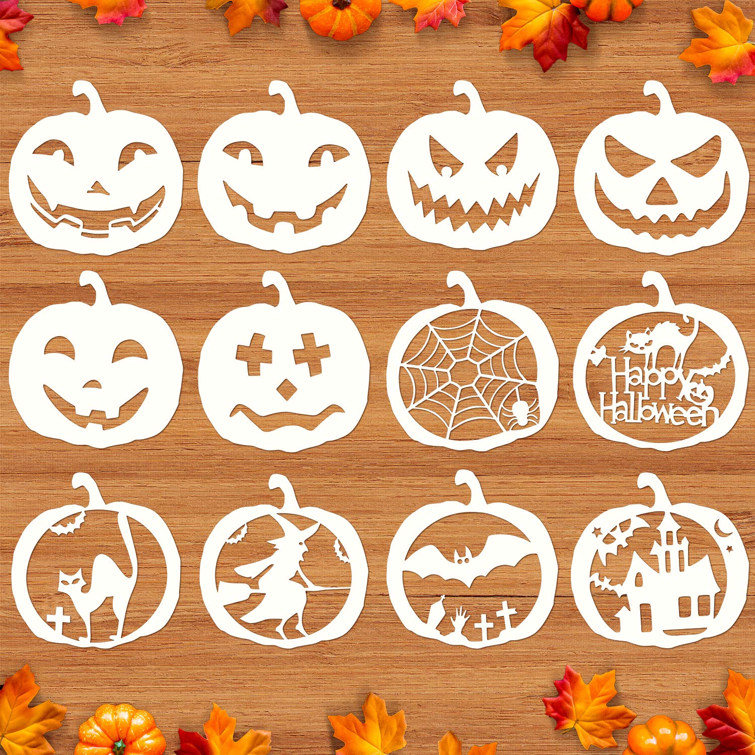 Mocoosy 12 Pcs 8 Inch Halloween Stencils, Large Pumpkin Stencils for Carving, Reusable Plastic Halloween Stencils for Painting on Wood Pumpkin Wall Fabrics Window