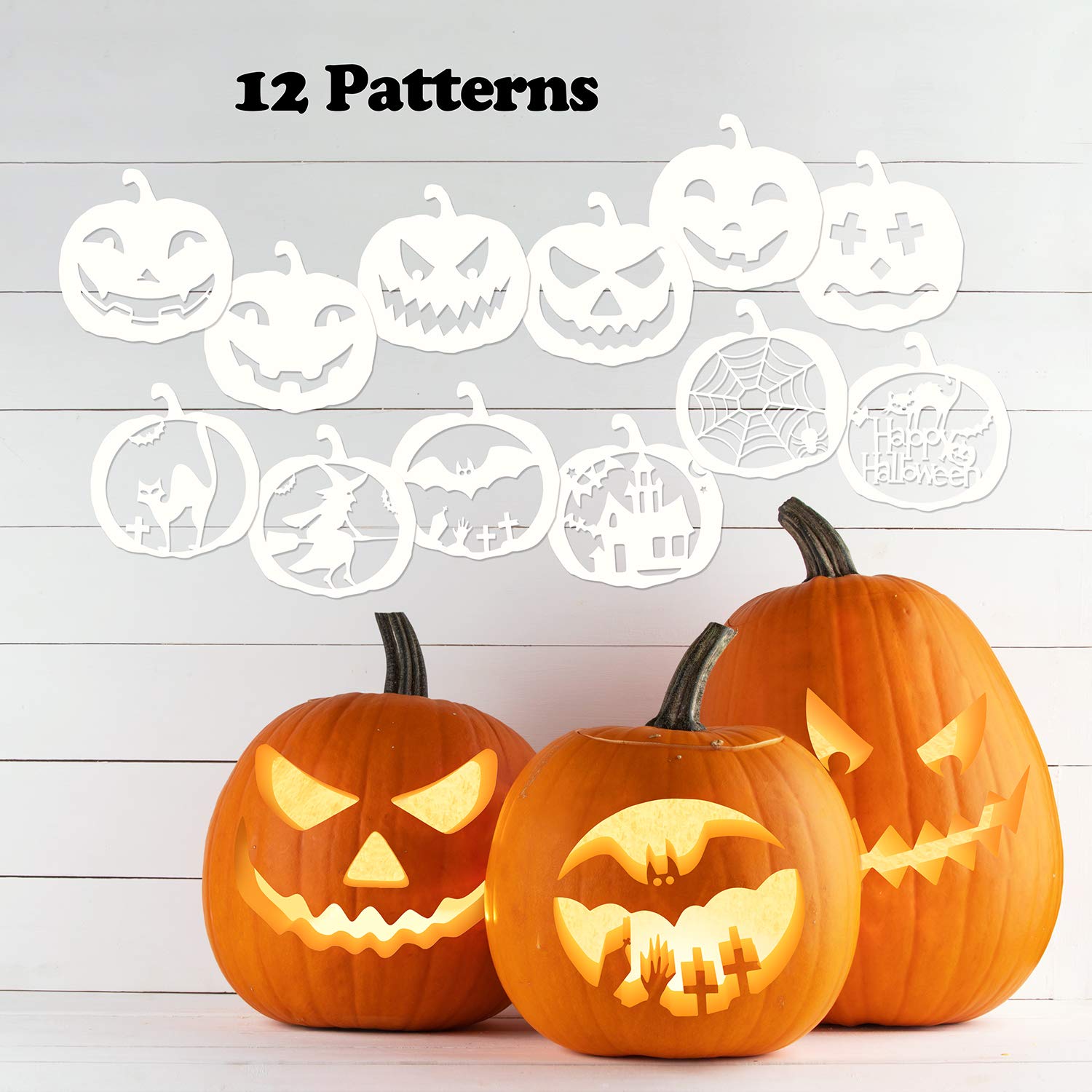 Mocoosy 12 Pcs 8 Inch Halloween Stencils, Large Pumpkin Stencils for Carving, Reusable Plastic Halloween Stencils for Painting on Wood Pumpkin Wall Fabrics Window