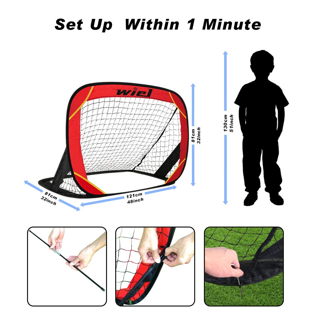 Wiel Soccer Goals, Set of 2 4'x3' Portable Kids Soccer Nets for Backyard Training and Team Game, Foldable Red/Black Pop Up Goal Set with Carry Bag Includes Mesh Ball Compartment