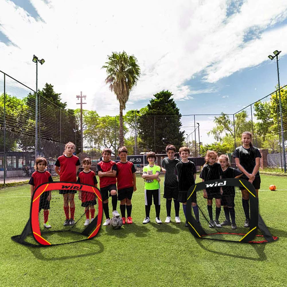 Wiel Soccer Goals, Set of 2 4'x3' Portable Kids Soccer Nets for Backyard Training and Team Game, Foldable Red/Black Pop Up Goal Set with Carry Bag Includes Mesh Ball Compartment